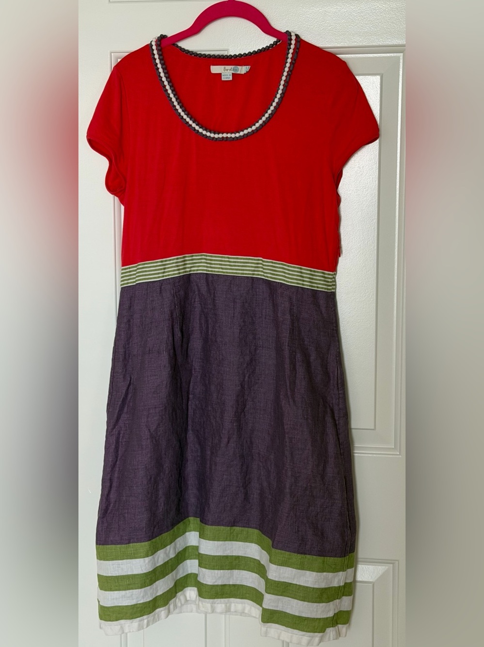 Boden Red and Purple Colorblock Dress with Green Trim